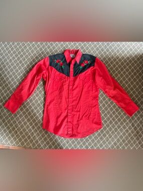 Vintage Ely Diamond Supply Co. Red Western Shirt Jacket with Rose Embroidery